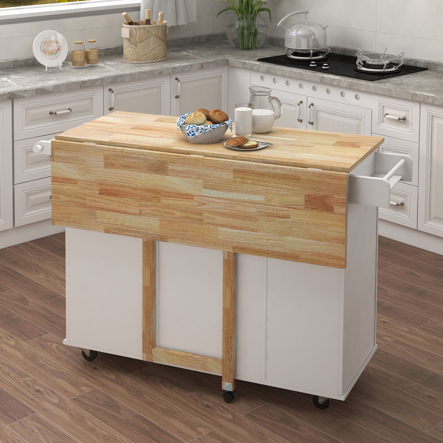 Kitchen Island with Spice Rack & Towel Rack - White