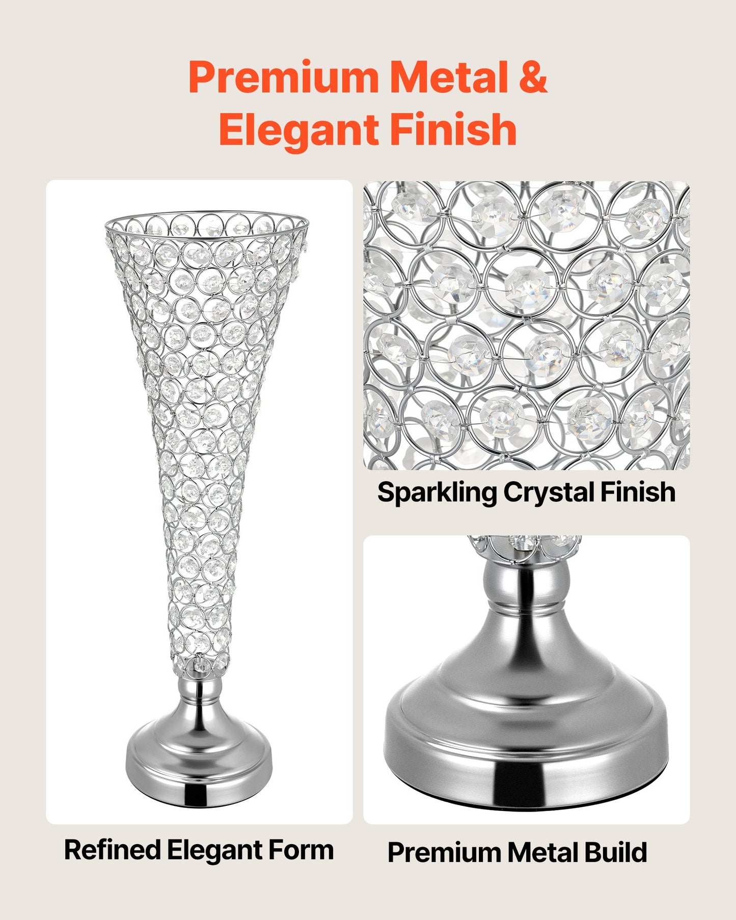 4 Pack Tall Crystal Vase Centerpieces for Weddings & Events - Silver