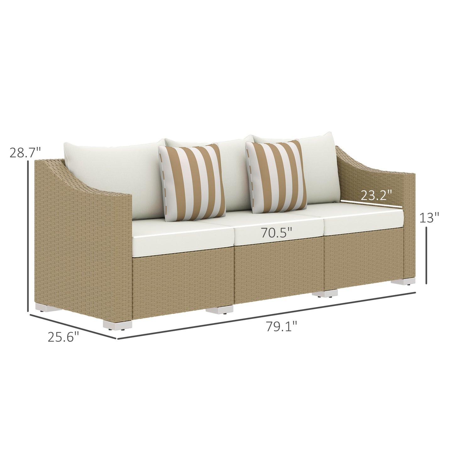 Cream White Rattan 3-Seater Patio Sofa with Cushions & Pillows