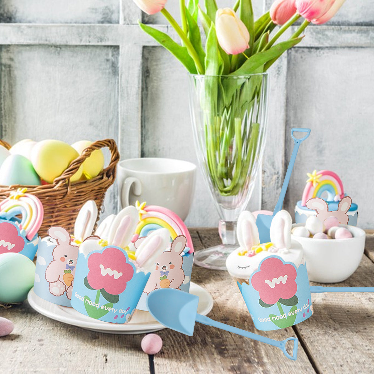 Cute Bunny Flower Cupcake Liners with Spoons - 100 Pcs Set