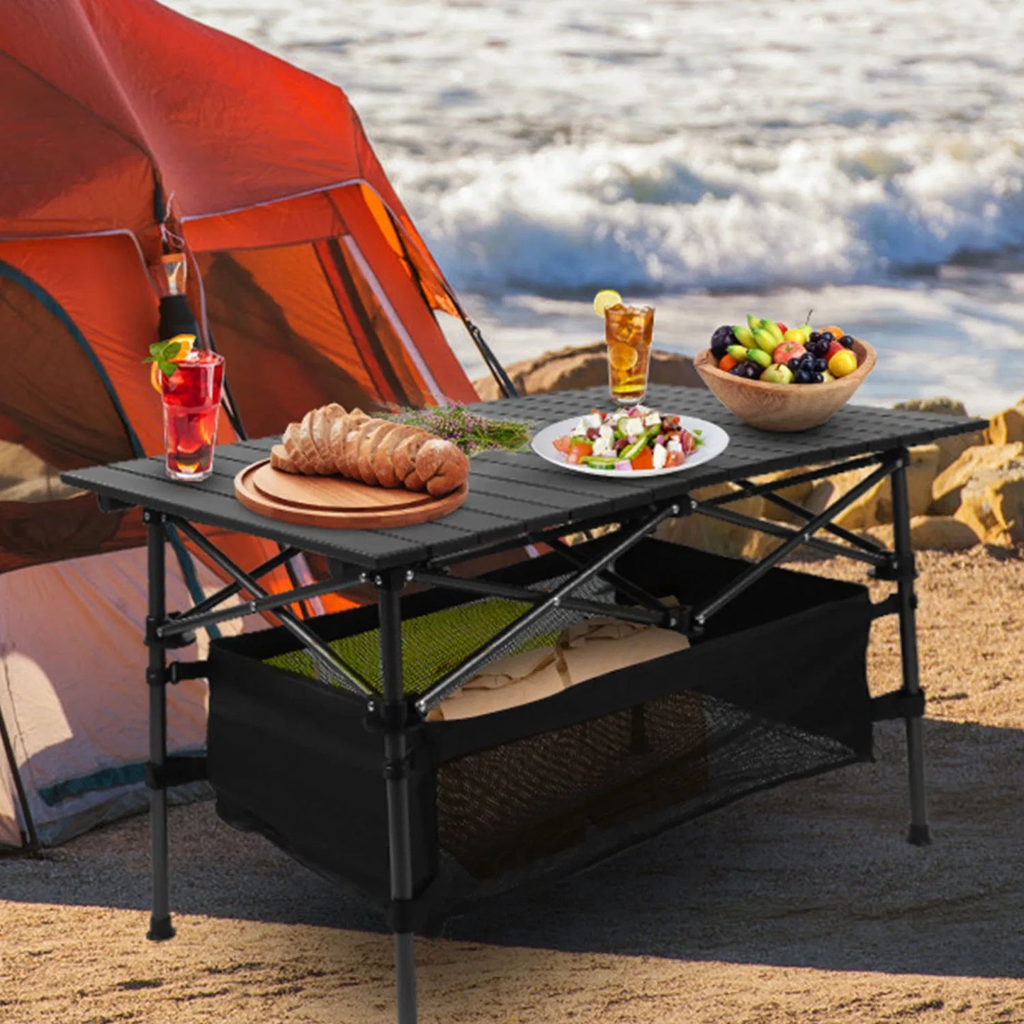 Foldable Camping Table - 220 Lb Capacity with Mesh Basket - Black