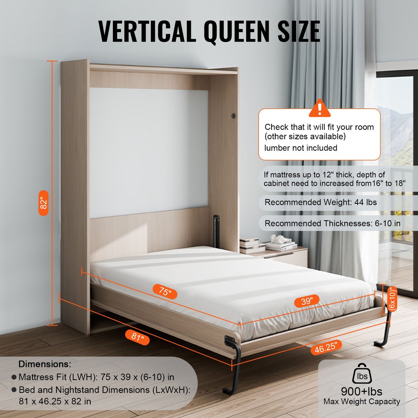 Twin Size Vertical Murphy Bed Kit with Hardware and Folding Mechanism - Black