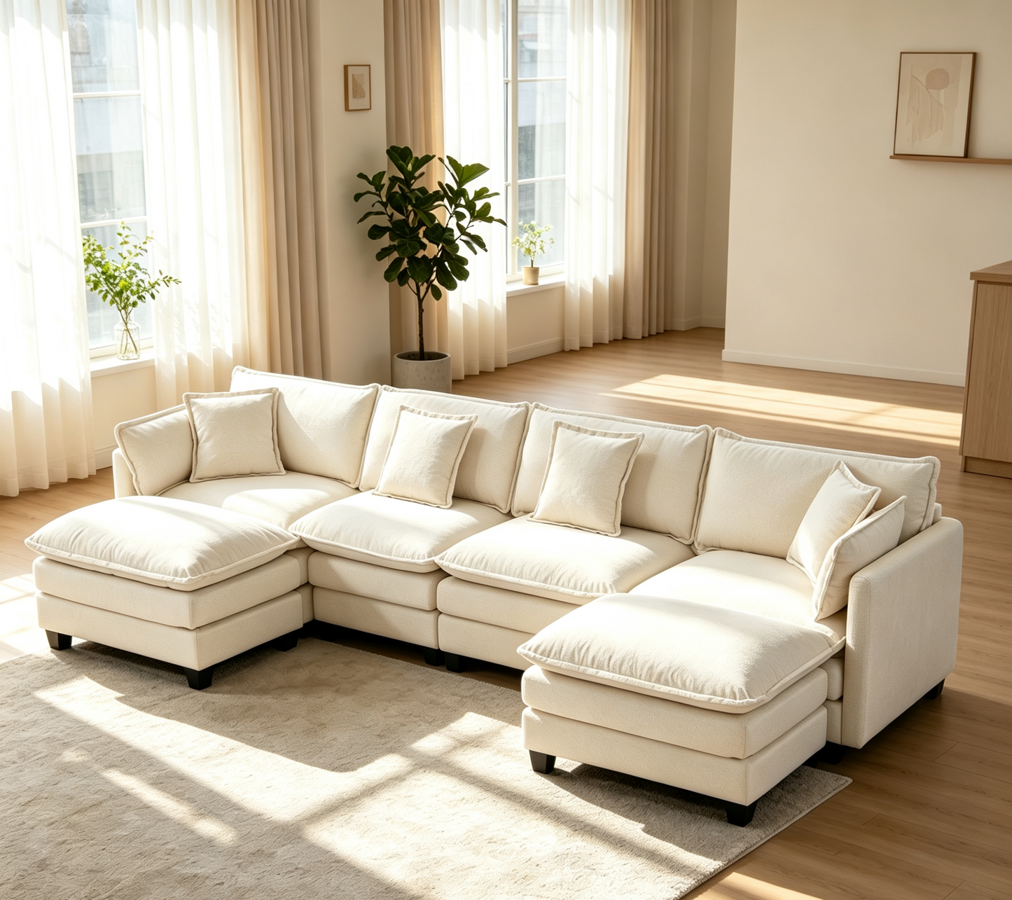 Antique White 4-Seat Sectional Sofa with Ottoman & Pillows