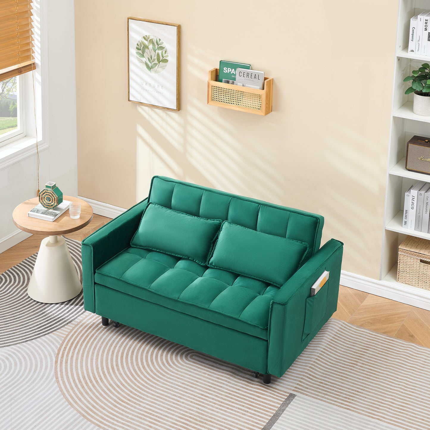 55" Green Velvet Sofa Bed with Pockets - Elegant & Versatile