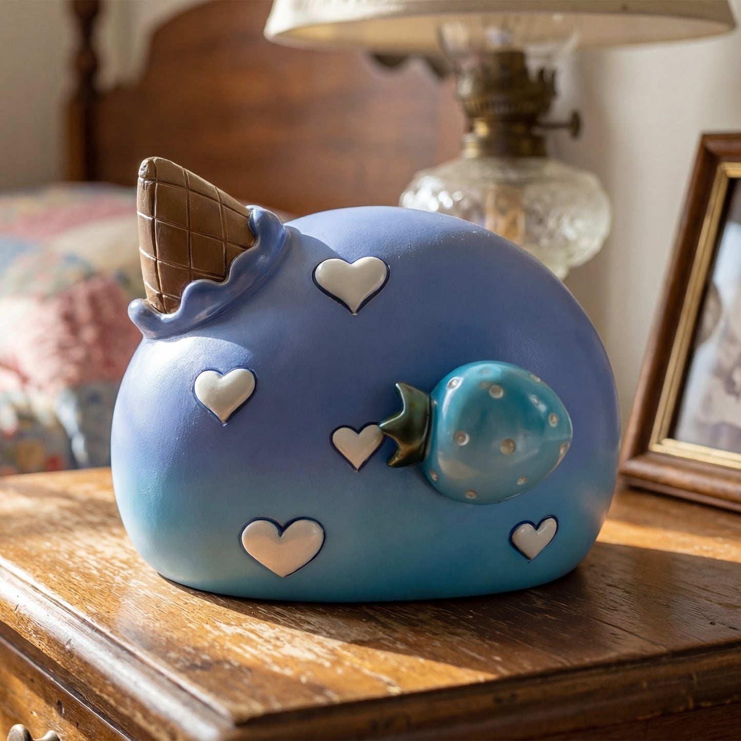 Blue Strawberry Music Box Night Light - Decorative Wooden Musical Box
