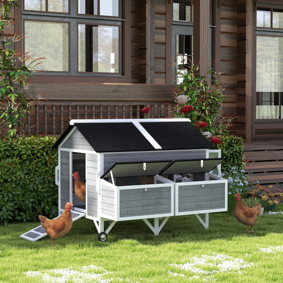 59-Inch Wooden Chicken Coop with Wheels & Handles for 4-6 Chickens - Gray