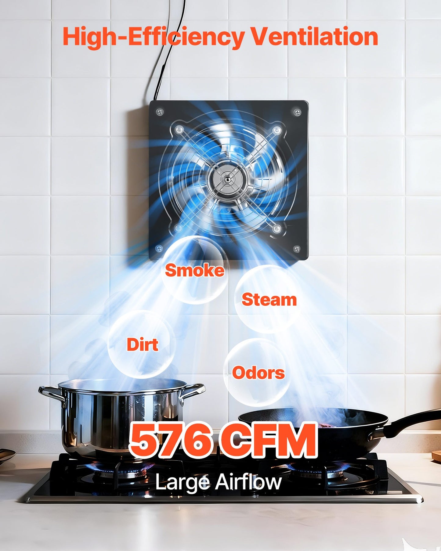 8-Inch Wall Mount Exhaust Fan 576 CFM Ventilation Fan for Attic Garage Kitchen Black