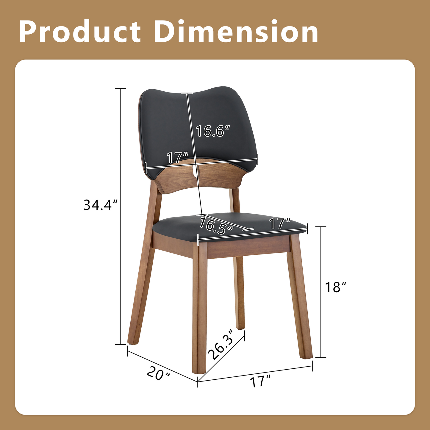 2 Walnut Colored Solid Wood Dining Chairs, With Black PU Soft