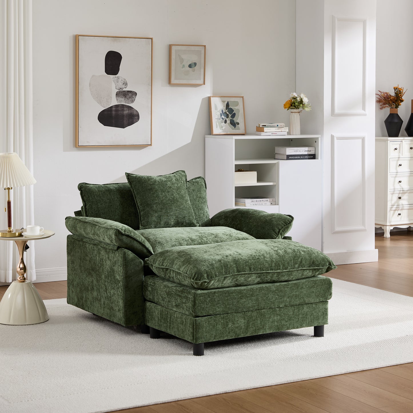 Modern Accent Chair with Ottoman - Green Chenille Upholstered Armchair