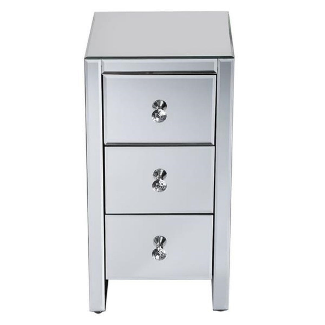 Mirrored Glass Bedside Table with 3 Drawers - Silver