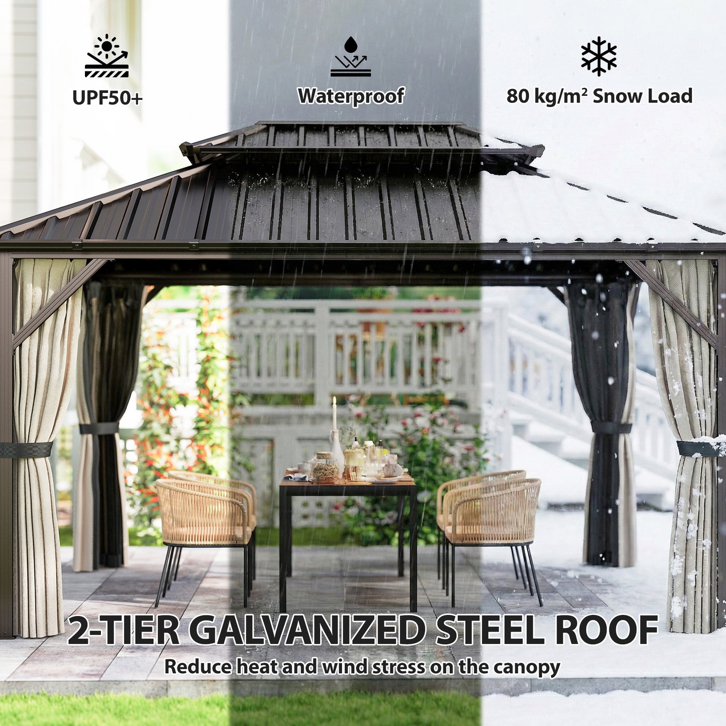 10' x 14' Hardtop Gazebo with Steel Roof Canopy - Brown