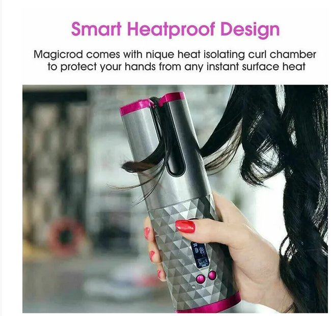 Cordless Auto-Rotating Hair Curler - Ceramic Wireless Curling Iron - Black