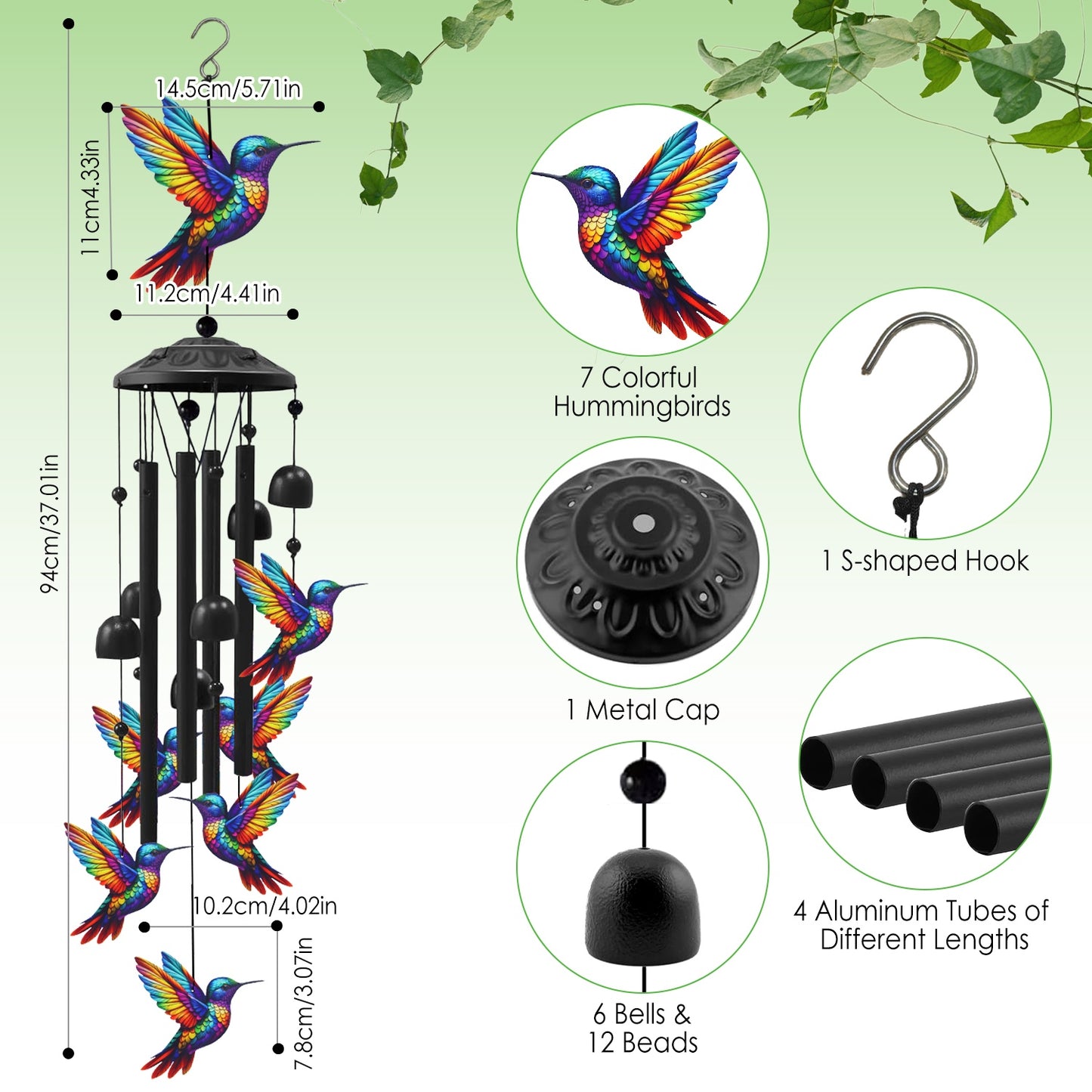 Outdoor Metal Wind Chimes with Aluminum Tubes for Garden Yard Patio Decor - Butterfly & Hummingbird Variants
