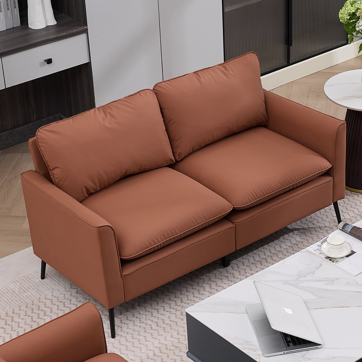 Brown Cat Paw Leather Loveseat Sofa - Nordic Retro Design