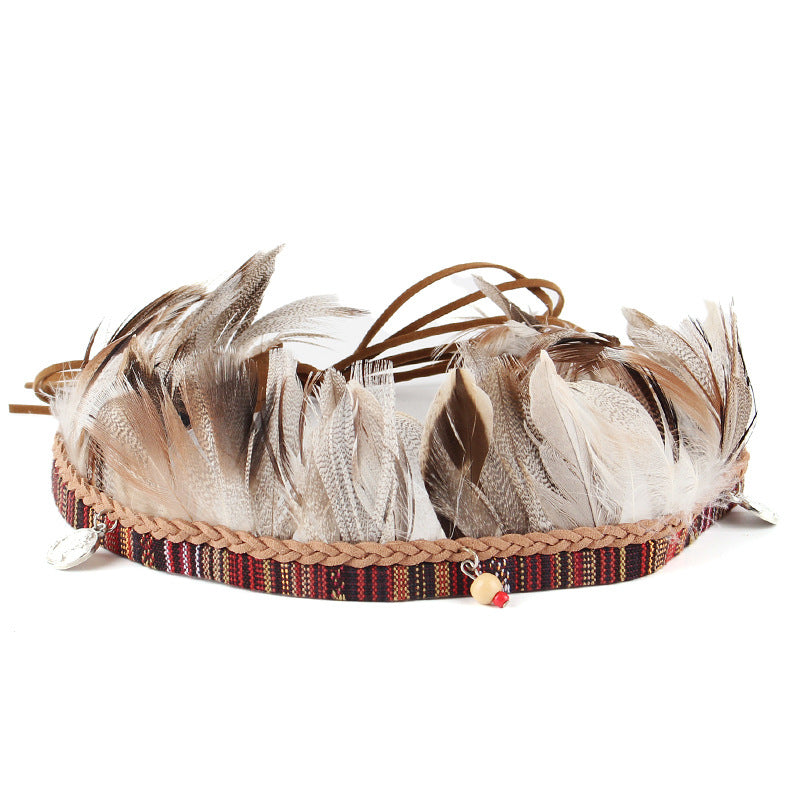 Bohemian Fabric Feather Headband with Ribbon Rope - Handmade Accessories