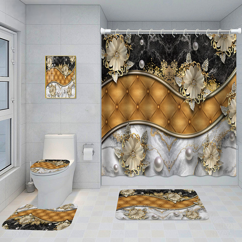 Bathroom 5-Piece Shower Curtain Set with Mat and Decorative Aluminum Frame