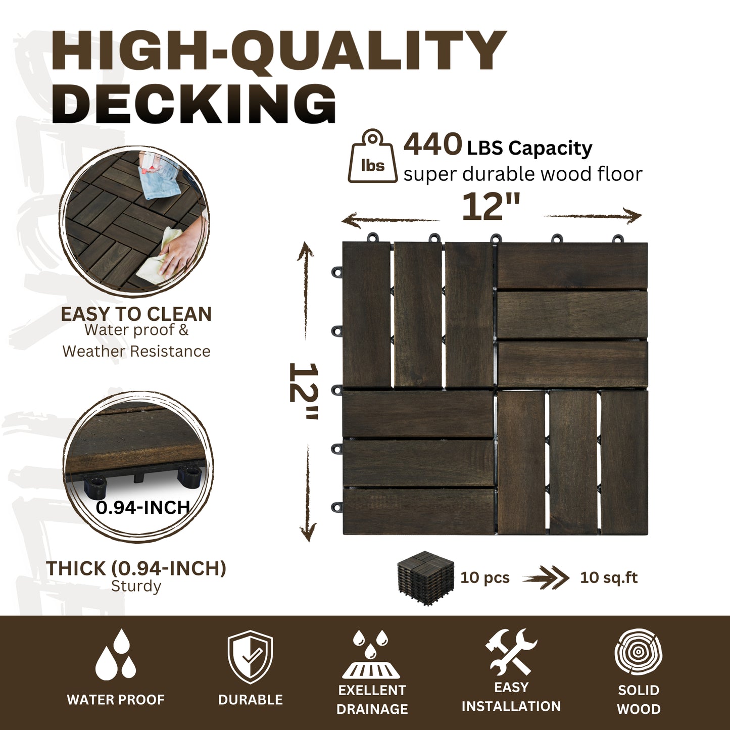 Outdoor Interlocking Deck Tiles - 10-Pack Acacia Wood Square Flooring for Patio & Poolside, Waterproof & Anti-Mildew, Dark Brown