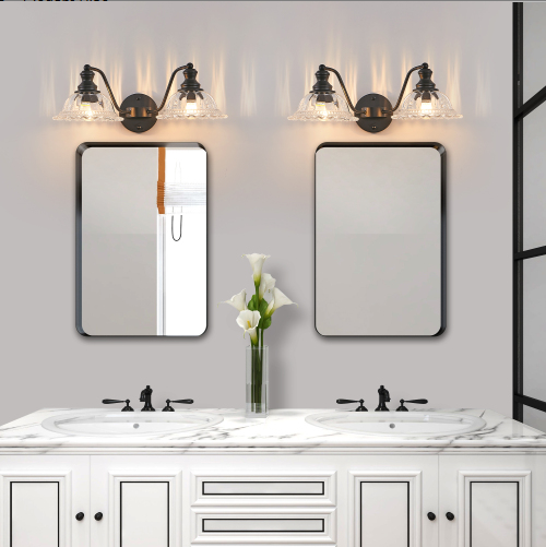 20 Inch 2-Light Vintage Bathroom Wall Sconce - Black Metal & Glass Vanity Light