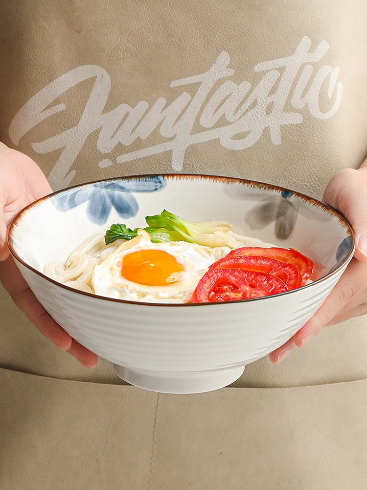 Japanese Style Rain-Hat Shaped Ceramic Ramen Bowl Set - Underglaze Blue
