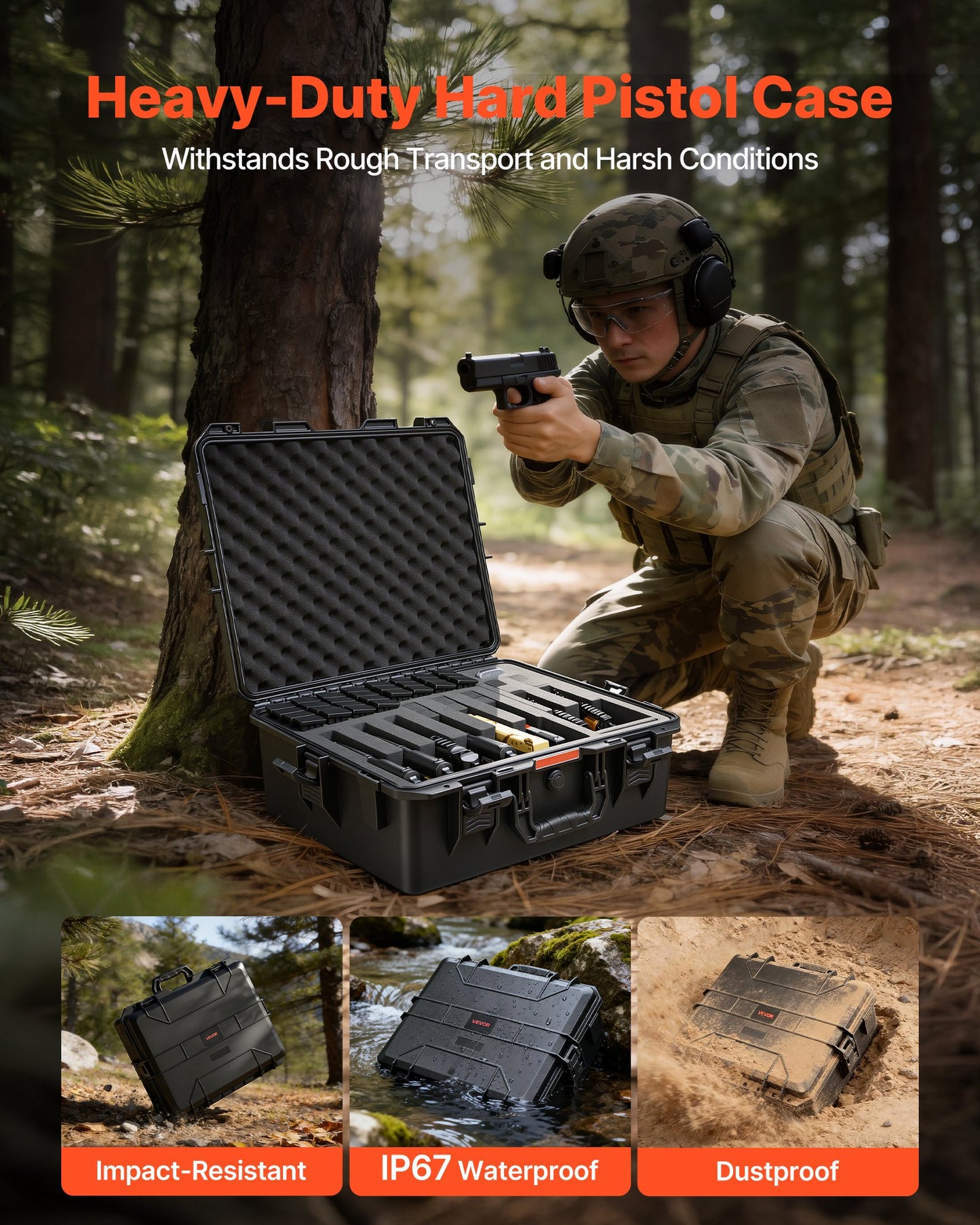 Heavy Duty Waterproof Pistol Case with Foam Interior, TSA Compliant, 21.9x17.9x8.8 in