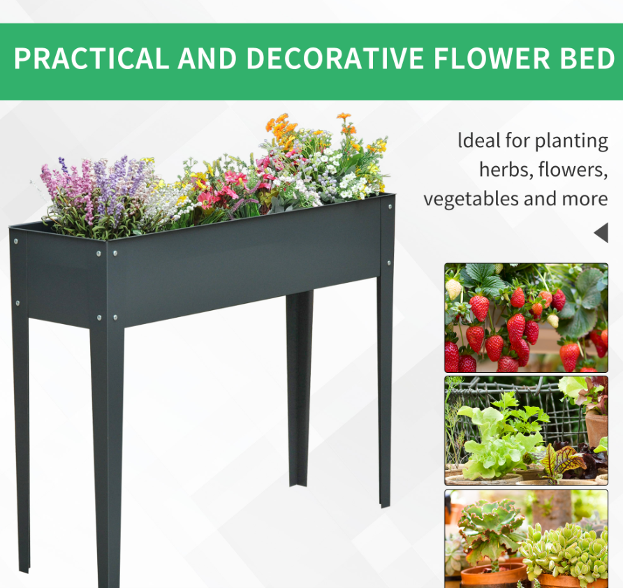 Dark Grey Metal Raised Garden Bed Planter Box 40x12x32 Outdoor Gardening