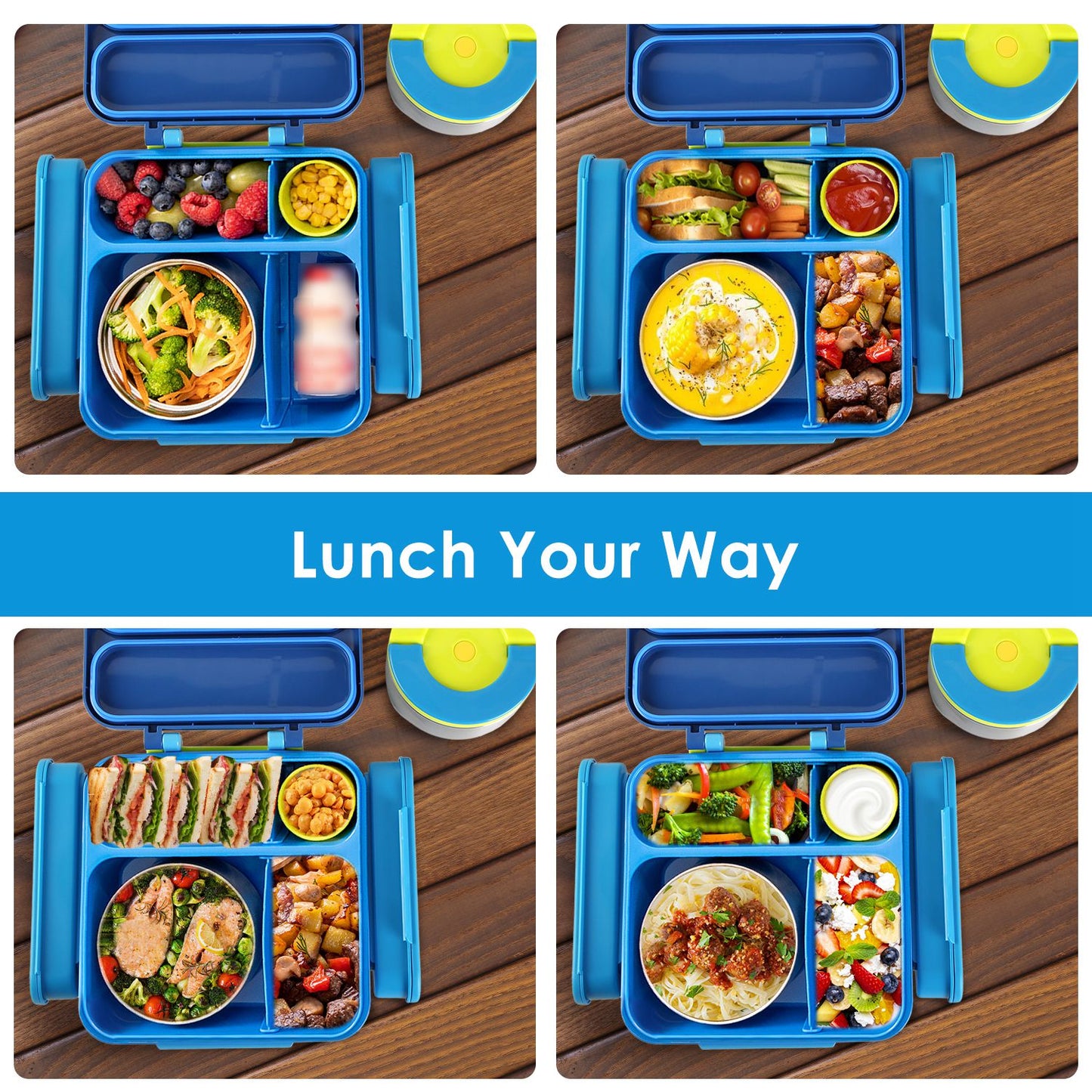Kids Insulated Lunch Box Set with Storage Bag & Utensils - Blue