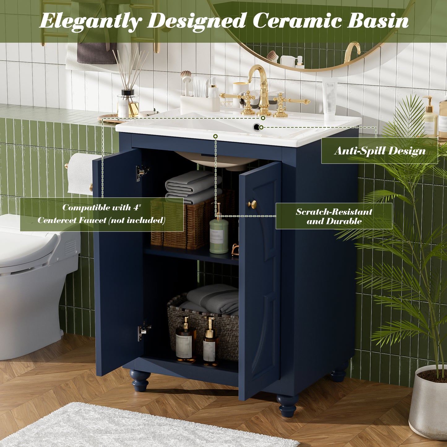 24" Blue Modern Bathroom Vanity with Ornate Design & Soft-Close Hinges