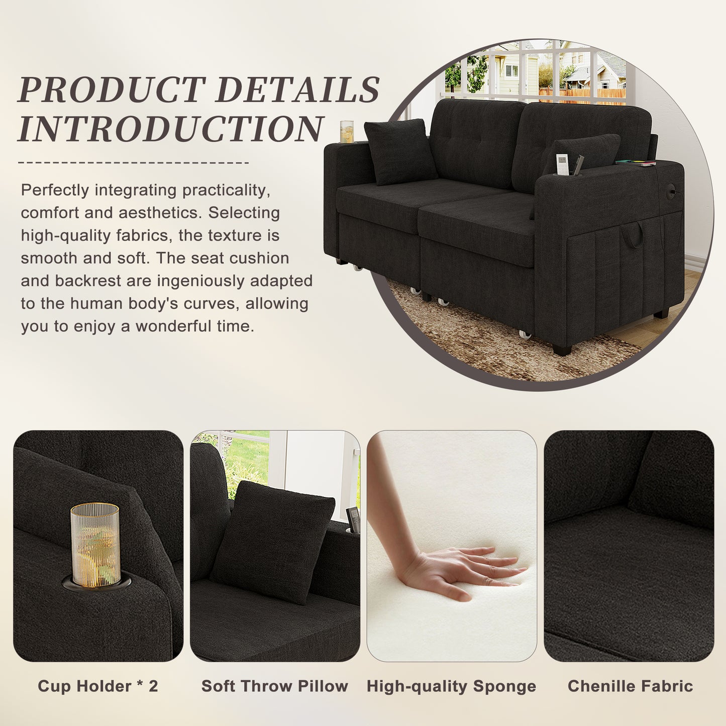 Modern 3-Seater Sofa with USB Charging & Storage - Black
