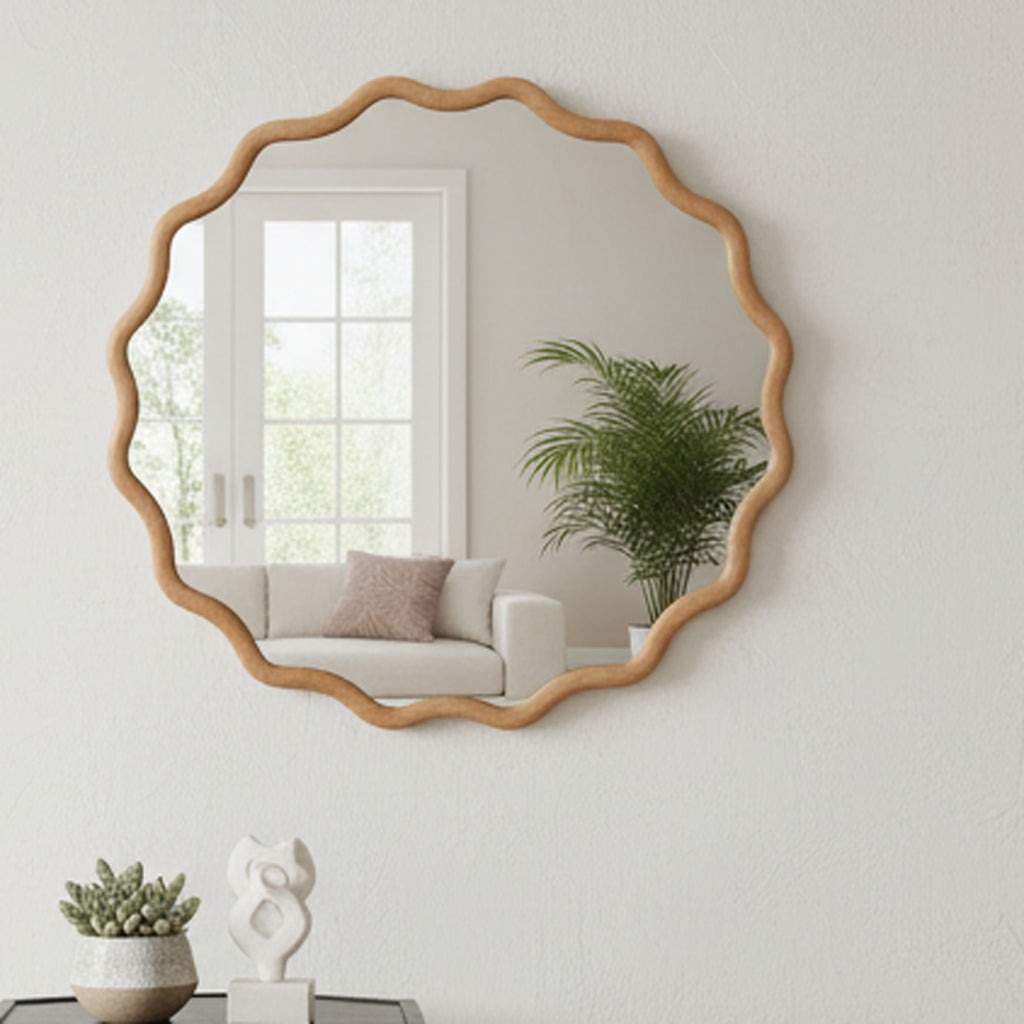 24-Inch Wavy Round Solid Wood Frame Decorative Mirror - Natural Wood