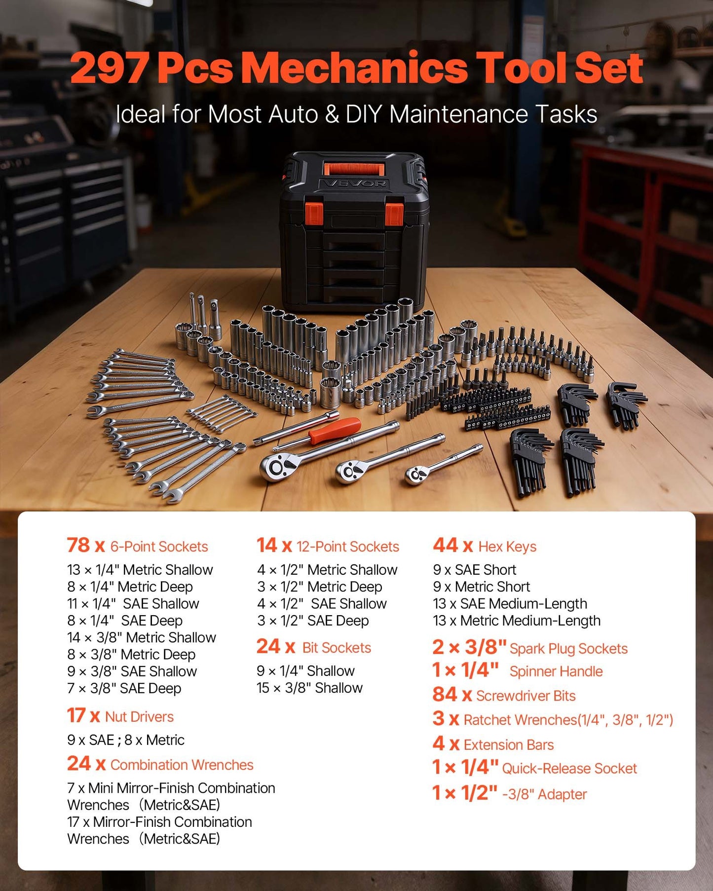 297-Piece Mechanic Tool Set with SAE & Metric Sockets Wrenches and Storage Case - Black