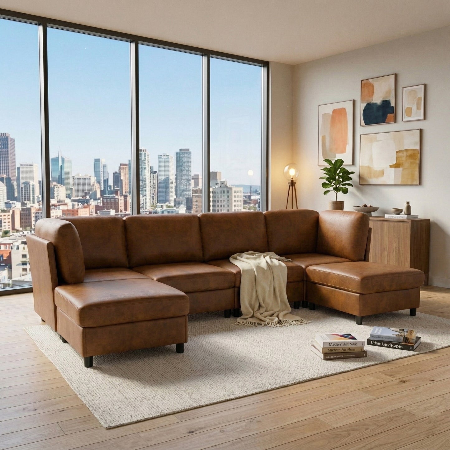 Modular Corner Sofa - Light Brown Fabric, 6 Seats, Modern Design