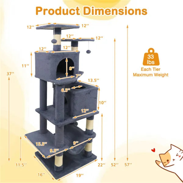 Multi-Level Cat Tree with Condos Hammock & Sisal Posts - Gray 57"