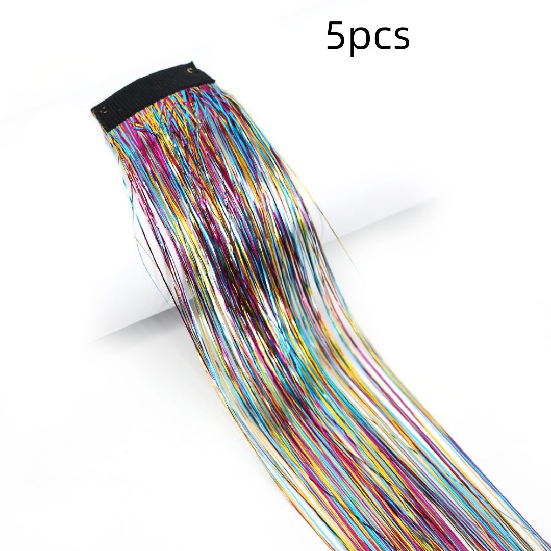 Clip-In Rainbow Hair Extensions - Long Synthetic Wig with Gold Thread