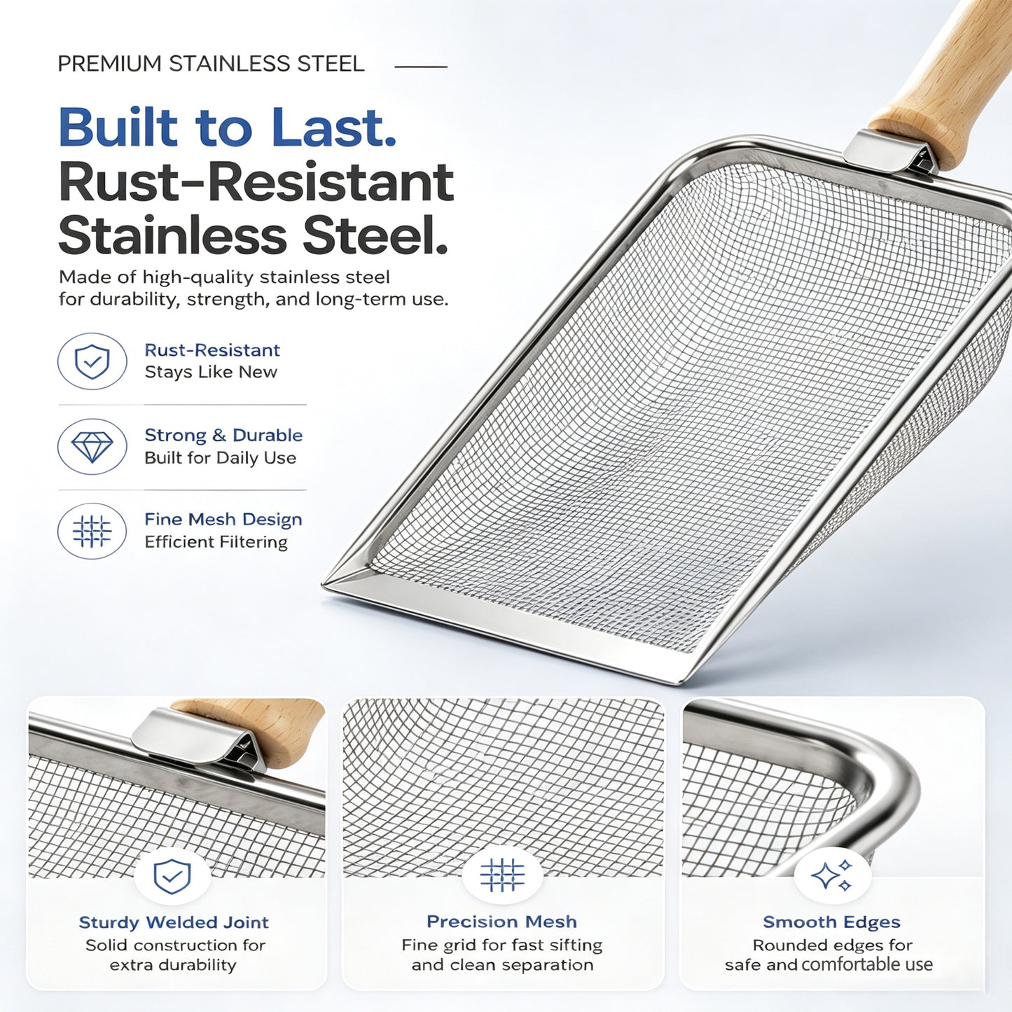Stainless Steel Cat Litter Scoop with Mesh Sifter & Wooden Handle - Heavy Duty
