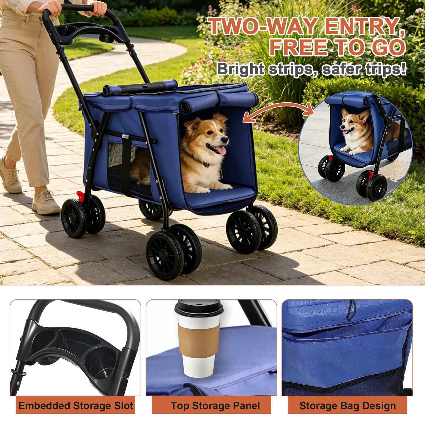 Foldable Pet Stroller with Breathable Mesh & Shockproof Wheels - Navy Blue