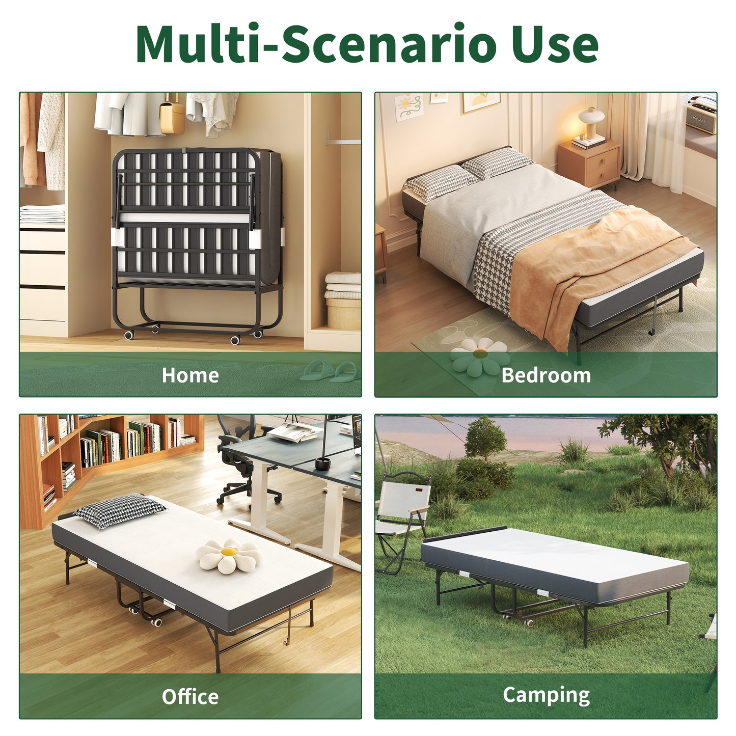 75 X38 Folding Bed With Adjustable Headboard, 5 Memory Foam Rollaway