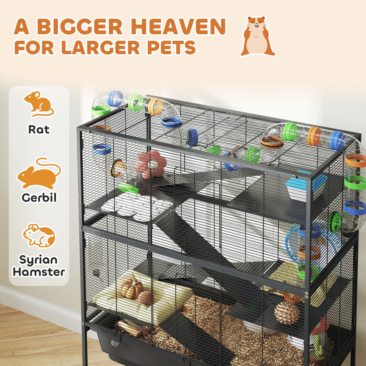 5-Tier Hamster Cage with Deep Tray, Exercise Wheel, Hut, Tube System & Storage Shelf