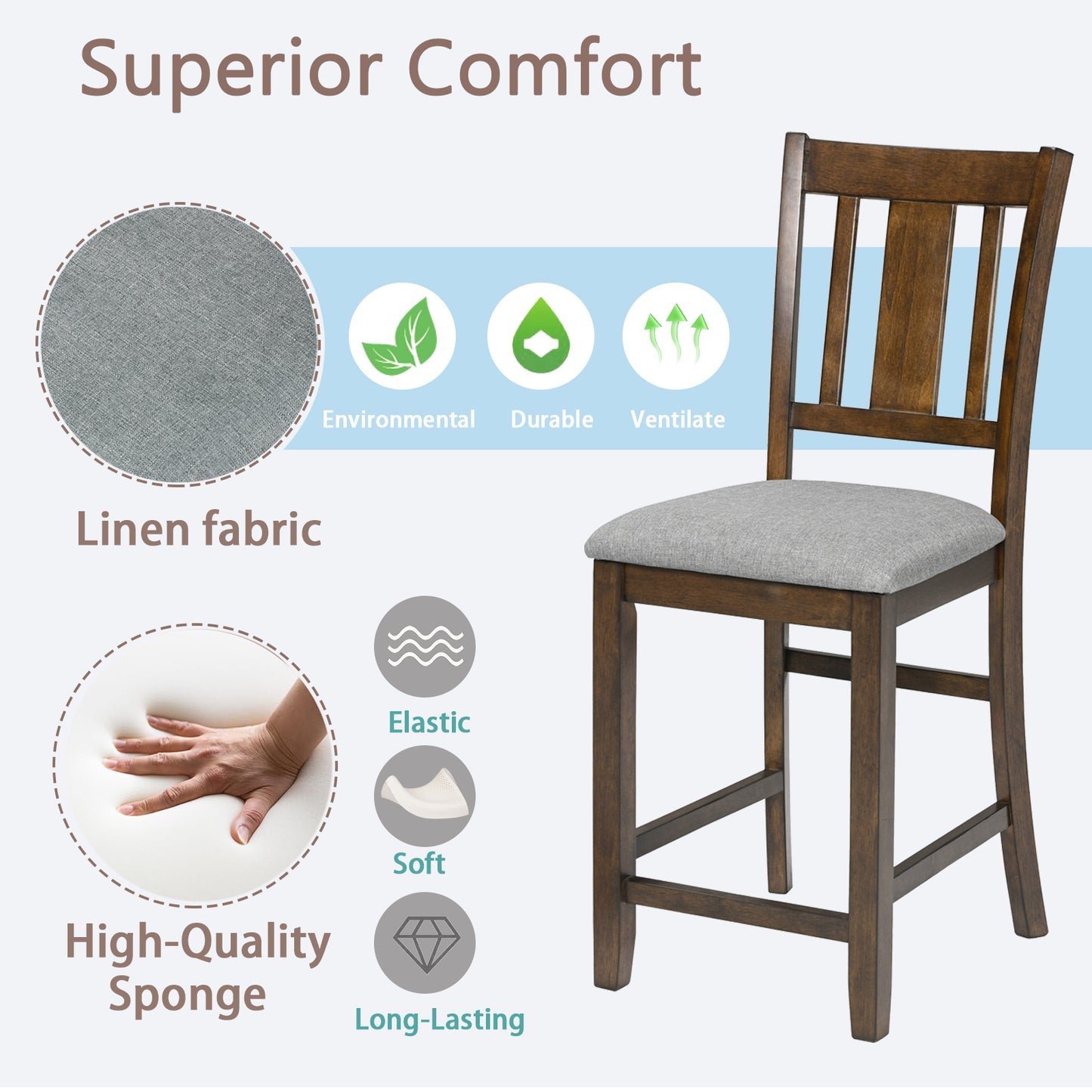 Walnut Wooden Counter Height Dining Chairs Set of 4 with Padded Seats