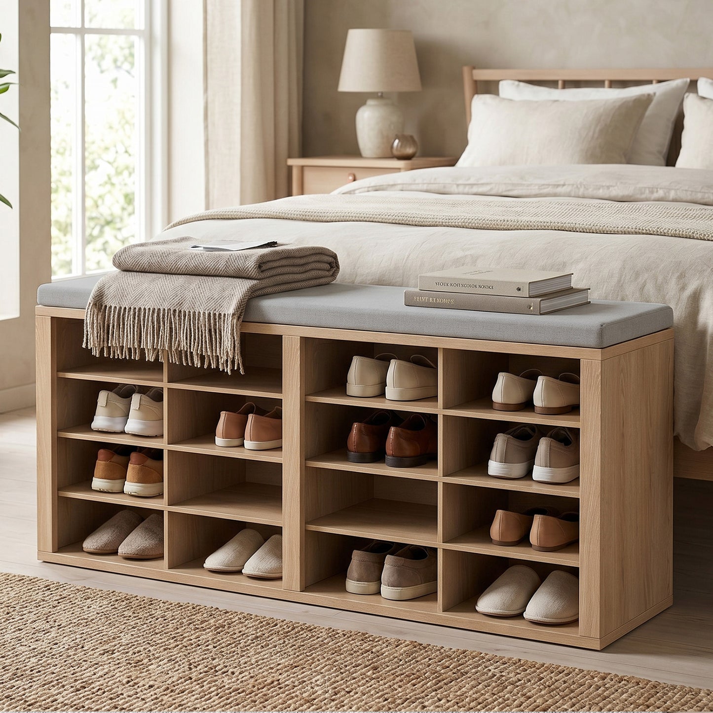 Shoe Storage Bench With Cushion 16 Cubby Rack Multifunctional