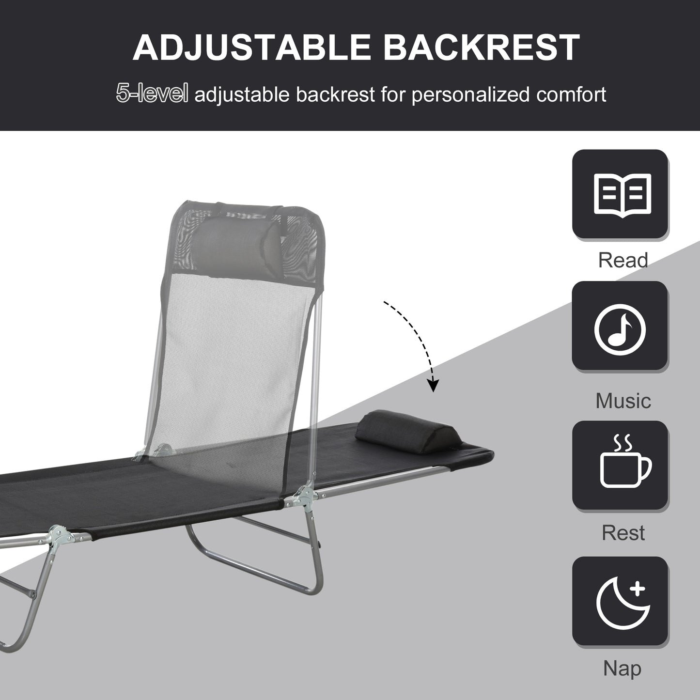 Folding Chaise Lounge Chair - Outdoor Reclining Pool Chair with Pillow, Black
