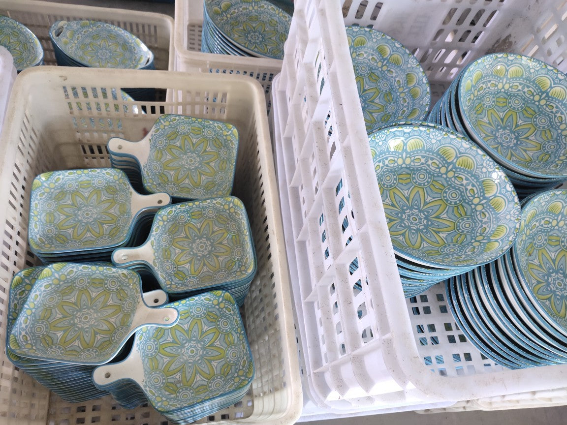 Bohemian Ceramic Dinnerware Set - 13 or 15 Piece Kitchen Plate & Cutlery Collection