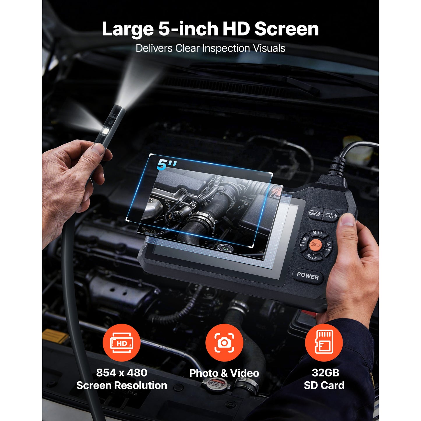 HD Endoscope Camera with 5-Inch Screen Waterproof Inspection Snake 16.4FT Cable