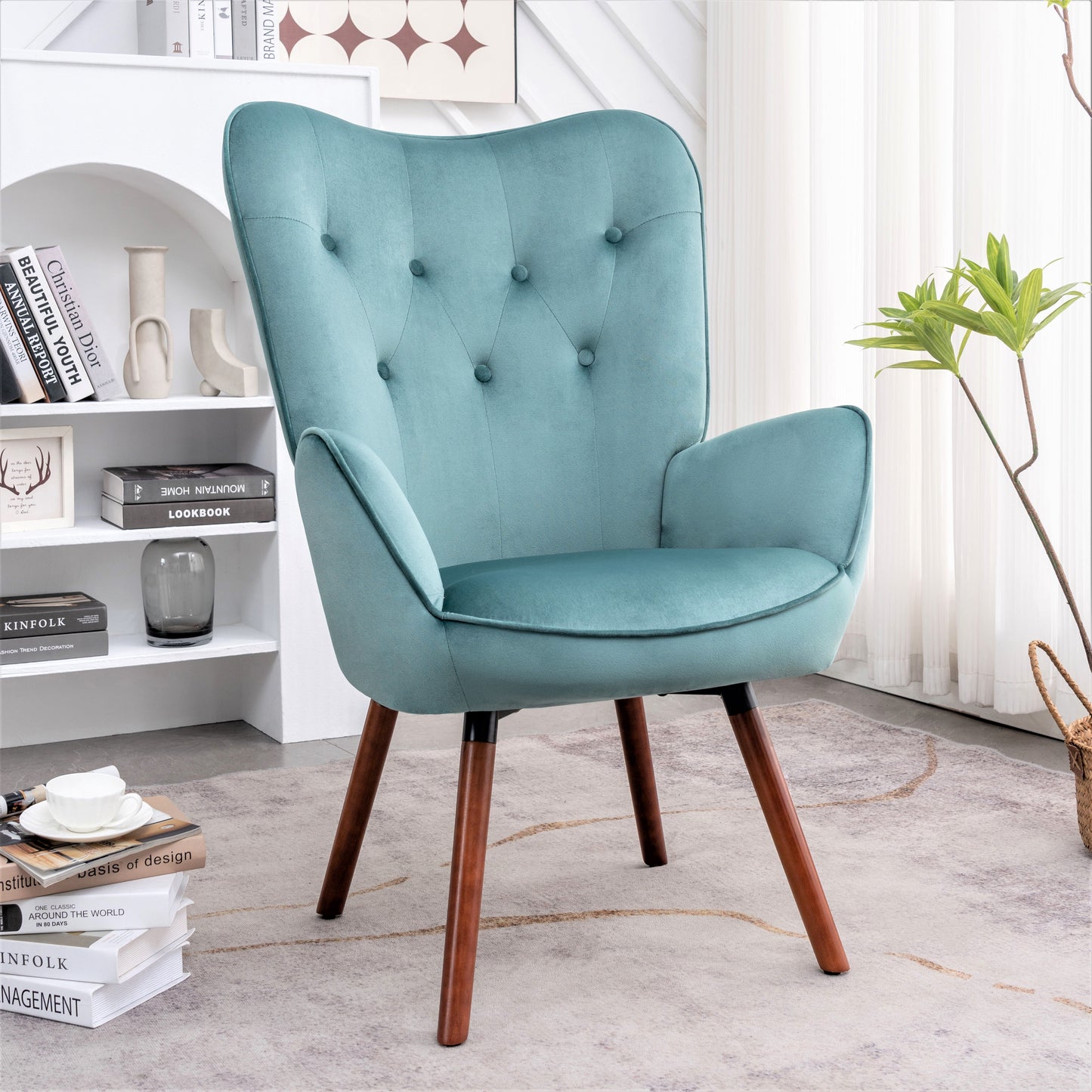 Mid-Century Modern Wingback Accent Chair, Button-Tufted Polyester