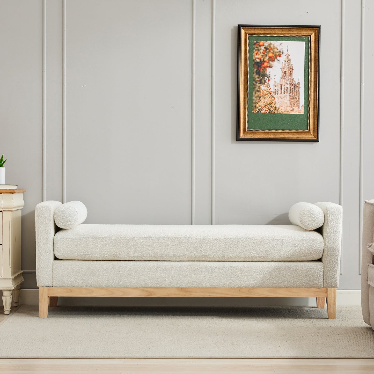 Upholstered End of Bed Bench with Wood Frame - Ivory Boucle