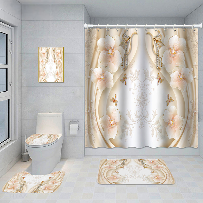 Bathroom 5-Piece Shower Curtain Set with Mat and Decorative Aluminum Frame