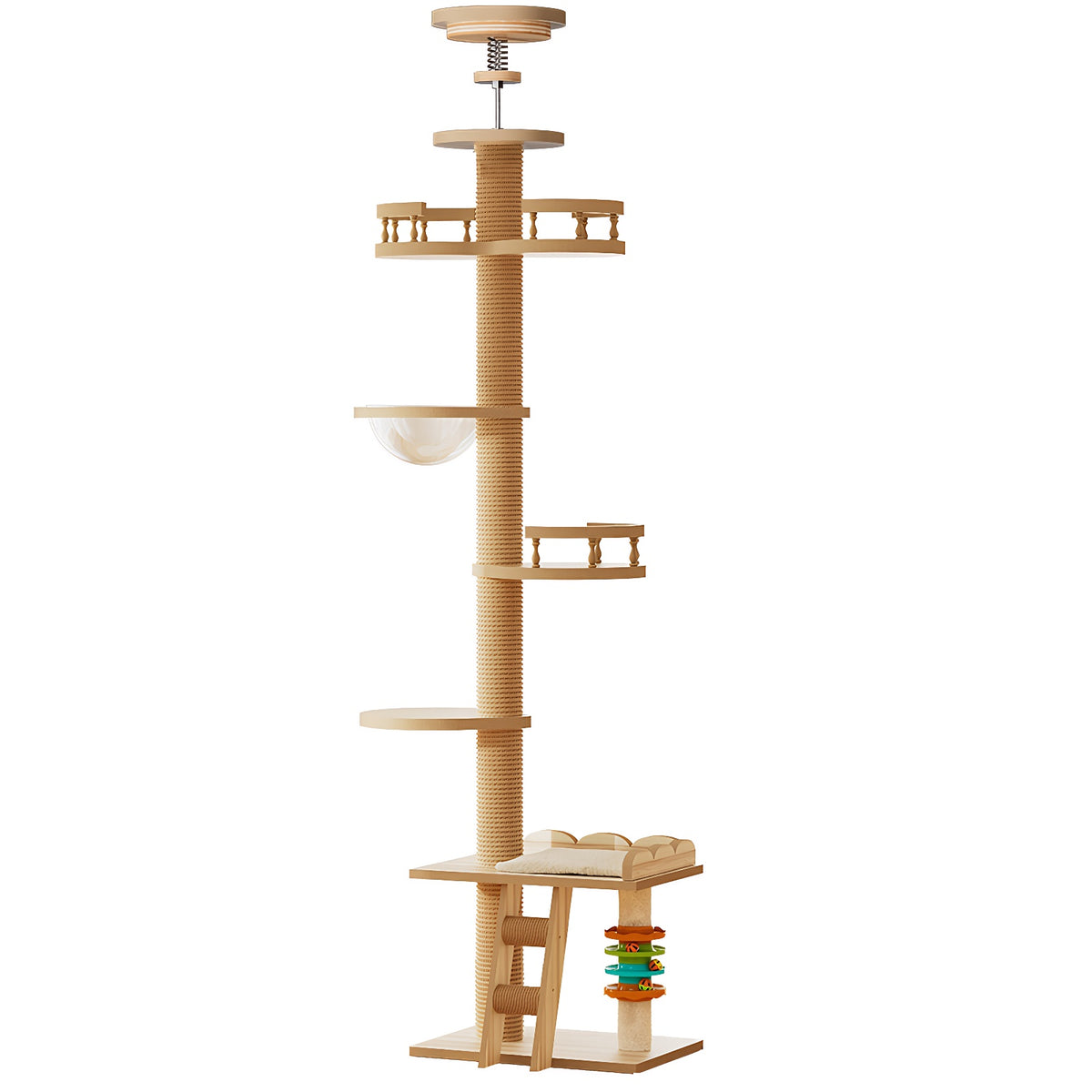 Adjustable Floor-to-Ceiling Cat Tree Tower with Sisal Post & Toys, Natural Finish