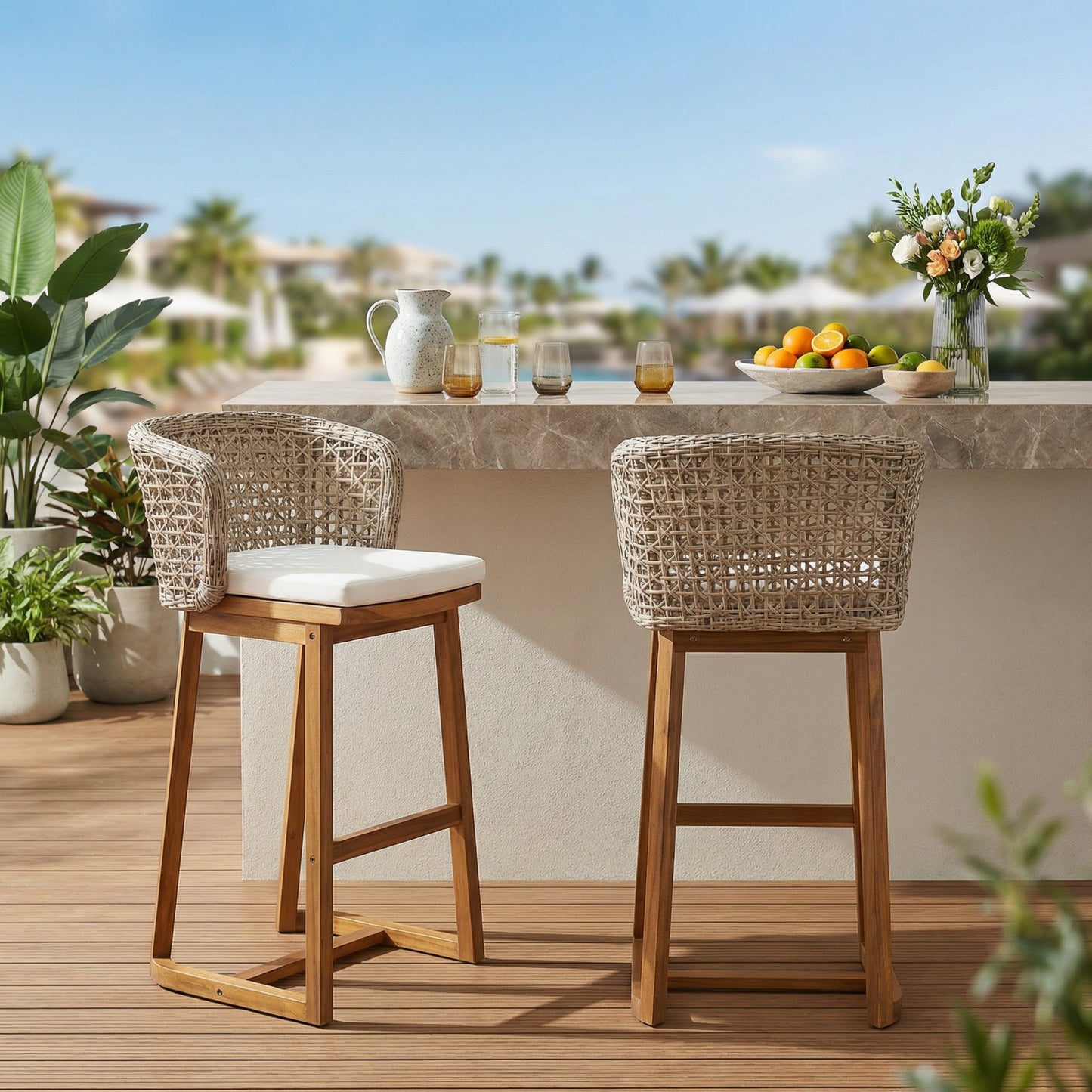 Outdoor Acacia Wood Bar Stools Set of 2 with Beige Cushion