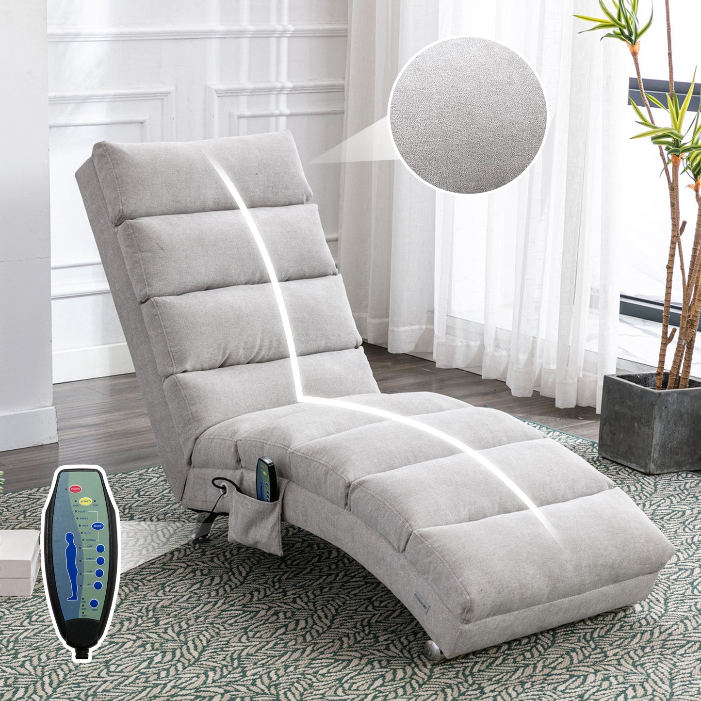 Luxury Upholstered Chaise Lounge Chair with Vibration - Light Grey