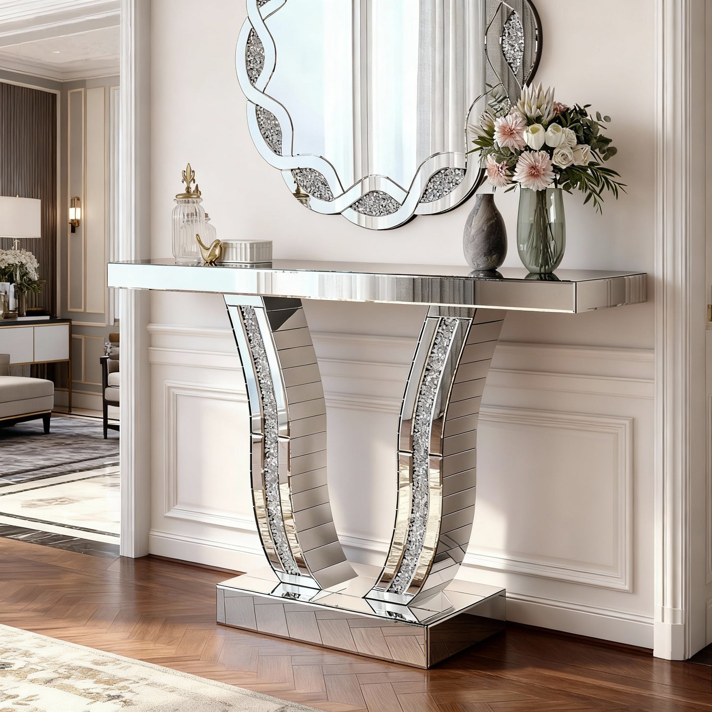 43 Inch Mirrored Console Table - Modern Silver Accent Table
