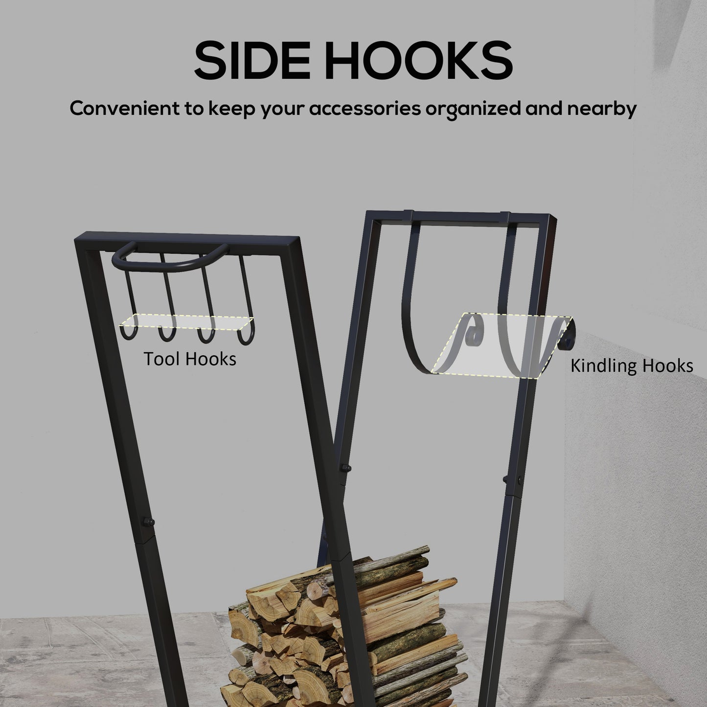 Firewood Rack with Wheels - Metal Log Holder with Kindling & Tool Hooks, Indoor/Outdoor, 31.1 x 11.8 x 31.9 Inches, Black